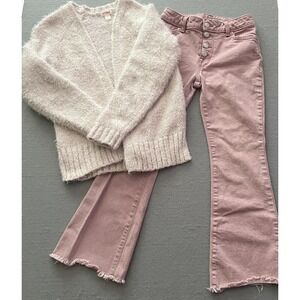 Lot/2 Girls Cat & Jack Flare Jeans Sz 10 Cardigan Sparkle Sweater L (10-12) Rose